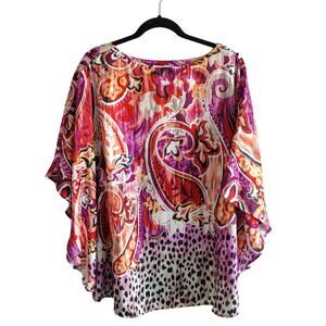 Chico's L/XL Multicolor Paisley Leopard Print Colorful Batwing Blouse Top Shirt